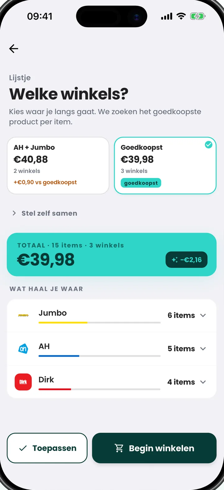 Btrkoop-app: boodschappenlijst van 15 producten verdeeld over Jumbo, AH en Dirk voor €39,98